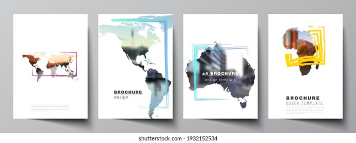 Vector layout of A4 cover mockups templates for brochure, flyer layout, cover design, book design, brochure cover. Design template in the form of world maps and colored frames, insert your photo.