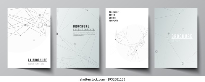 Vector Layout Of A4 Cover Mockups Templates For Brochure, Flyer Layout, Booklet, Cover Design, Book Design, Brochure Cover. Gray Technology Background With Connecting Lines And Dots. Network Concept.