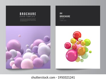 Vector layout of A4 cover mockups templates for brochure, flyer layout, booklet, cover design, book design. Abstract vector futuristic background with colorful 3d spheres, glossy bubbles, balls.