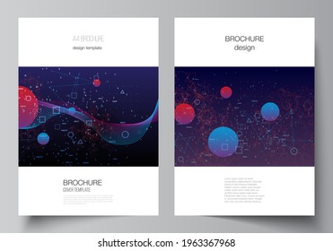 Vector layout of A4 cover mockups templates for brochure, flyer layout, booklet, cover design, book design. Artificial intelligence, big data visualization. Quantum computer technology concept.