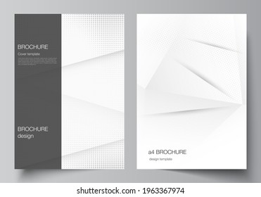 Vector layout of A4 cover mockups design templates for brochure, flyer layout, cover design, book design, brochure cover. Halftone dotted background with gray dots, abstract gradient background.