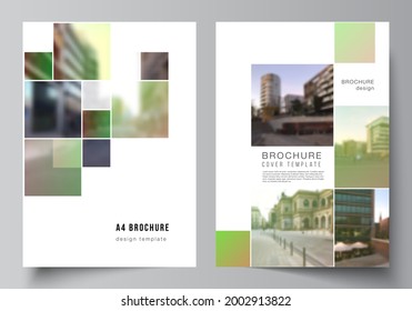 Vector layout of A4 cover mockups design templates for brochure, flyer layout, booklet, cover design, book design, brochure cover. Abstract project with clipping mask green squares for your photo.