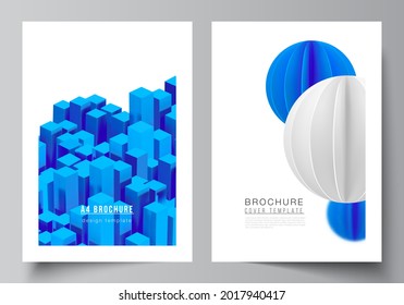 Vector layout of A4 cover mockups templates for brochure, flyer layout, booklet, cover design, book design. 3d render vector composition with dynamic realistic geometric blue shapes in motion