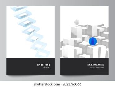 Diseño vectorial de las plantillas de maquetas de portada A4 para folletos, diseño de volante, folleto, diseño de portada, diseño de libros. 3 d composición vectorial de procesado con formas geométricas geométricas y en movimiento