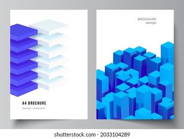 Vector layout of A4 cover mockups templates for brochure, flyer layout, booklet, cover design, book design. 3d render vector composition with dynamic realistic geometric blue shapes in motion.