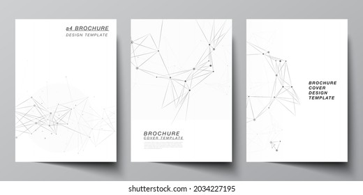 Vector layout of A4 cover mockups templates for brochure, flyer layout, booklet, cover design, book design, brochure cover. Gray technology background with connecting lines and dots. Network concept.