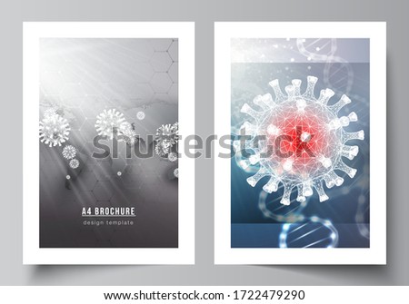 Vector layout of A4 cover mockups templates for brochure, flyer layout, booklet, cover design, book design. 3d medical background of corona virus. Covid 19, coronavirus infection. Virus concept.
