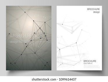 The vector layout of A4 format cover mockups design templates for brochure, flyer, report. Technology, science, medical concept. Molecule structure, connecting lines and dots. Futuristic background