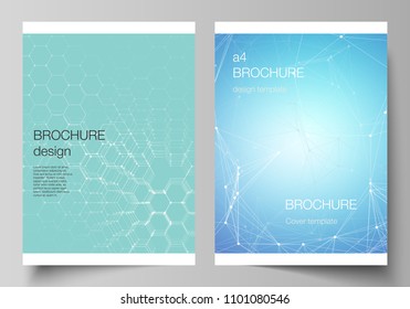 The vector layout of A4 format cover mockups design templates for brochure, flyer, report. Technology, science, medical concept. Molecule structure, connecting lines and dots. Futuristic background.