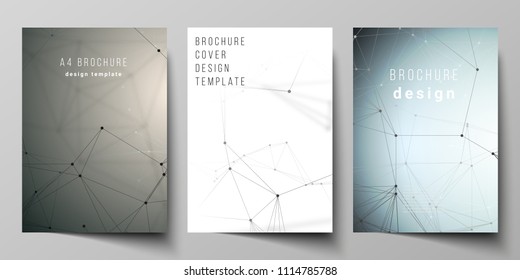 The vector layout of A4 format cover mockups design templates for brochure, flyer, report. Technology, science, medical concept. Molecule structure, connecting lines and dots. Futuristic background