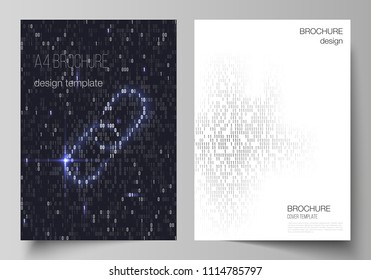 Vector layout of A4 format cover mockups design templates for brochure, magazine, flyer, booklet, report. Binary code background. AI, big data, coding or hacker concept, digital technology background