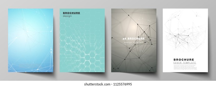 The Vector Layout Of A4 Format Cover Mockups Design Templates For Brochure, Flyer, Report. Technology, Science, Medical Concept. Molecule Structure, Connecting Lines And Dots. Futuristic Background