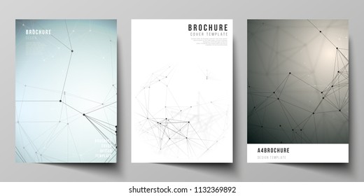 The vector layout of A4 format cover mockups design templates for brochure, flyer, report. Technology, science, medical concept. Molecule structure, connecting lines and dots. Futuristic background