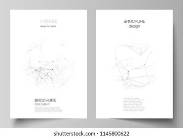 The vector layout of A4 format cover mockups design templates for brochure, flyer, report. Technology, science, medical concept. Molecule structure, connecting lines and dots. Futuristic background