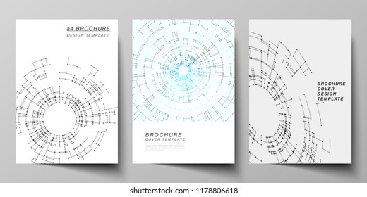 The vector layout of A4 format cover mockups design templates for brochure, flyer, booklet, report. Network connection concept with connecting lines and dots. Technology design, geometric background
