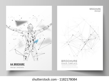 The vector layout of A4 format cover mockups design templates for brochure, flyer, report. Technology, science, medical concept. Molecule structure, connecting lines and dots. Futuristic background
