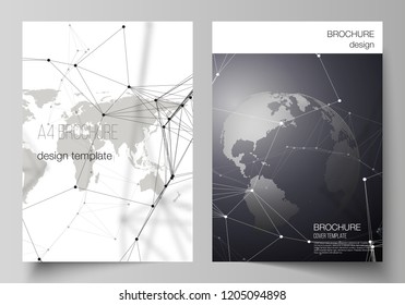 Vector layout of A4 format cover mockups design templates for brochure, flyer, booklet. Futuristic design with world globe, connecting lines and dots. Global network connections, technology concept.