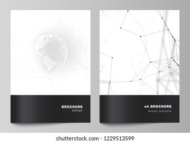 Vector layout of A4 format cover mockups design templates for brochure, flyer, booklet. Futuristic design with world globe, connecting lines and dots. Global network connections, technology concept.