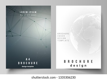 Vector layout of A4 format cover mockups design templates for brochure, flyer, booklet. Futuristic design with world globe, connecting lines and dots. Global network connections, technology concept.