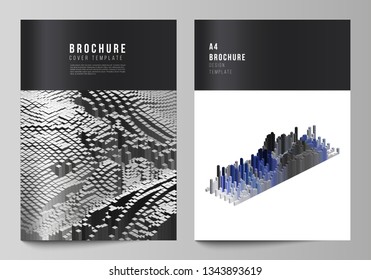 Vector layout of A4 format cover mockups design templates for brochure, magazine, flyer, annual report. Big data. Dynamic geometric background. Cubes pattern design, motion effect. 3d technology style