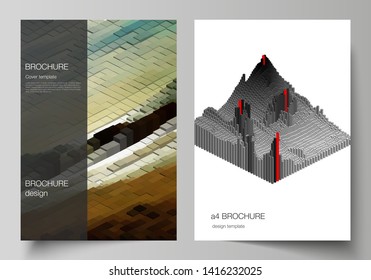 Vector layout of A4 format cover mockups design templates for brochure, magazine, flyer, annual report. Big data. Dynamic geometric background. Cubes pattern design, motion effect. 3d technology style