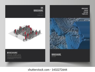 Vector layout of A4 format cover mockups design templates for brochure, magazine, flyer, annual report. Big data. Dynamic geometric background. Cubes pattern design, motion effect. 3d technology style