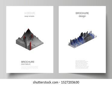 Vector layout of A4 format cover mockups design templates for brochure, magazine, flyer, annual report. Big data. Dynamic geometric background. Cubes pattern design, motion effect. 3d technology style
