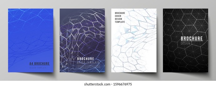 Vector layout of A4 format cover mockups design templates for brochure, flyer. Digital technology and big data concept with hexagons, connecting dots and lines, polygonal science medical background.