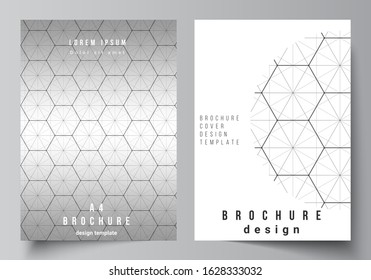 Vector layout of A4 format cover mockups design templates for brochure, flyer. Digital technology and big data concept with hexagons, connecting dots and lines, polygonal science medical background.