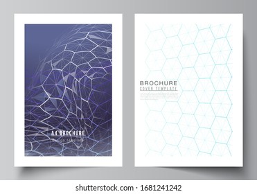 Vector layout of A4 format cover mockups design templates for brochure, flyer. Digital technology and big data concept with hexagons, connecting dots and lines, polygonal science medical background.