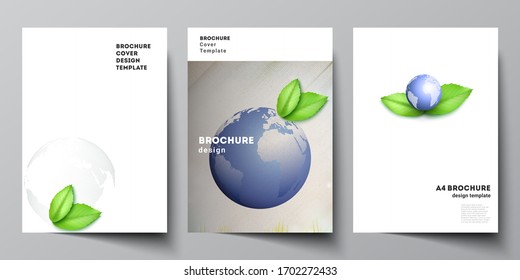 Vector layout of A4 format cover mockups design templates for brochure, flyer, booklet, cover design, book design, brochure cover. Save Earth planet concept. Sustainable development global concept.