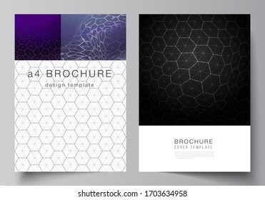 Vector layout of A4 format cover mockups design templates for brochure, flyer. Digital technology and big data concept with hexagons, connecting dots and lines, polygonal science medical background.