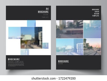 Vector layout of A4 format cover mockups templates for brochure, flyer layout, booklet, cover design, book design, brochure cover. Abstract design project in geometric style with blue squares.