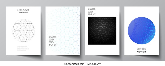 Vector layout of A4 format cover mockups design templates for brochure, flyer. Digital technology and big data concept with hexagons, connecting dots and lines, polygonal science medical background.