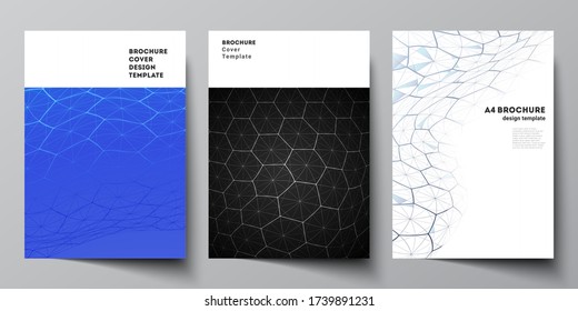 Vector layout of A4 format cover mockups design templates for brochure, flyer. Digital technology and big data concept with hexagons, connecting dots and lines, polygonal science medical background.