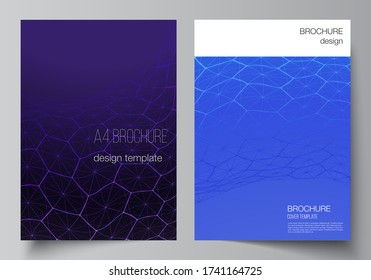 Vector layout of A4 format cover mockups design templates for brochure, flyer. Digital technology and big data concept with hexagons, connecting dots and lines, polygonal science medical background.