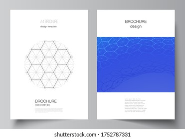 Vector layout of A4 format cover mockups design templates for brochure, flyer. Digital technology and big data concept with hexagons, connecting dots and lines, polygonal science medical background.