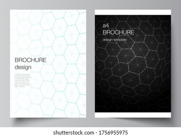 Vector layout of A4 format cover mockups design templates for brochure, flyer. Digital technology and big data concept with hexagons, connecting dots and lines, polygonal science medical background.