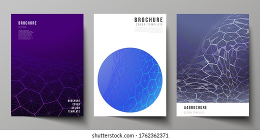 Vector Layout Of A4 Format Cover Mockups Design Templates For Brochure, Flyer. Digital Technology And Big Data Concept With Hexagons, Connecting Dots And Lines, Polygonal Science Medical Background.