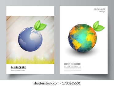 Vector layout of A4 format cover mockups design templates for brochure, flyer, booklet, cover design, book design, brochure cover. Save Earth planet concept. Sustainable development global concept.