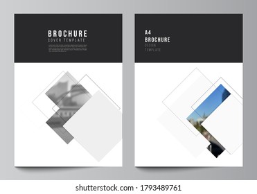 Vector layout of A4 format cover mockups design templates with geometric simple shapes, lines and photo place for brochure, flyer layout, booklet, cover design, book, brochure cover.