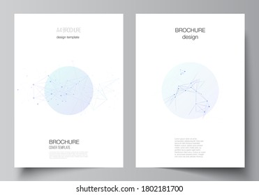 Vector layout of A4 format cover mockups templates for brochure, flyer layout, booklet, cover design, book design, brochure cover. Blue medical background with connecting lines and dots, plexus.