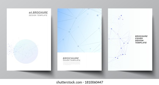 Vector layout of A4 format cover mockups templates for brochure, flyer layout, booklet, cover design, book design, brochure cover. Blue medical background with connecting lines and dots, plexus