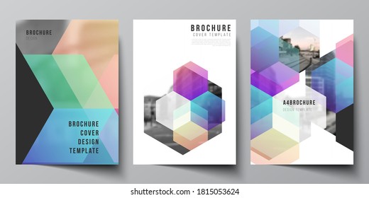 Vector layout of A4 format cover mockups design templates with abstract shapes and colors for brochure, flyer layout, booklet, cover design, book design, brochure cover.