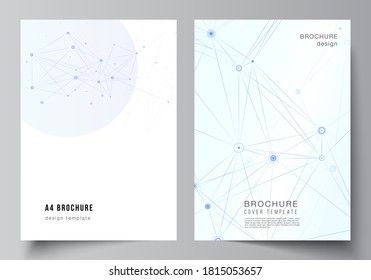 Vector layout of A4 format cover mockups templates for brochure, flyer layout, booklet, cover design, book design, brochure cover. Blue medical background with connecting lines and dots, plexus