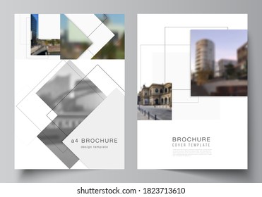 Vector layout of A4 format cover mockups design templates with geometric simple shapes, lines and photo place for brochure, flyer layout, booklet, cover design, book, brochure cover.