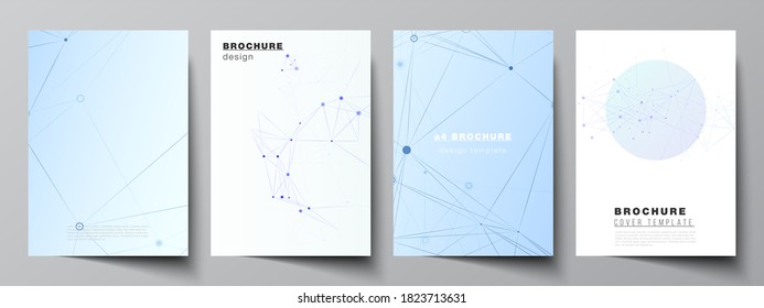 Vector Layout Of A4 Format Cover Mockups Templates For Brochure, Flyer Layout, Booklet, Cover Design, Book Design, Brochure Cover. Blue Medical Background With Connecting Lines And Dots, Plexus