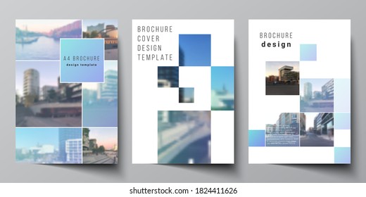 Vector layout of A4 format cover mockups templates for brochure, flyer layout, booklet, cover design, book design, brochure cover. Abstract design project in geometric style with blue squares.