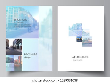 Vector layout of A4 format cover mockups templates for brochure, flyer layout, booklet, cover design, book design, brochure cover. Abstract design project in geometric style with blue squares.