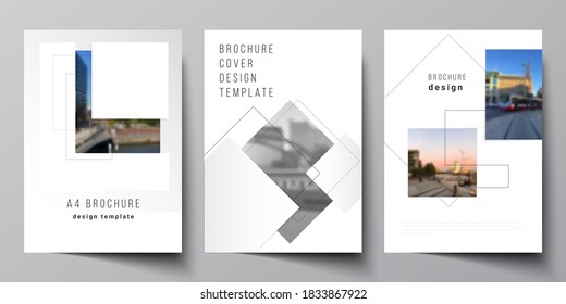 Vector layout of A4 format cover mockups design templates with geometric simple shapes, lines and photo place for brochure, flyer layout, booklet, cover design, book, brochure cover.